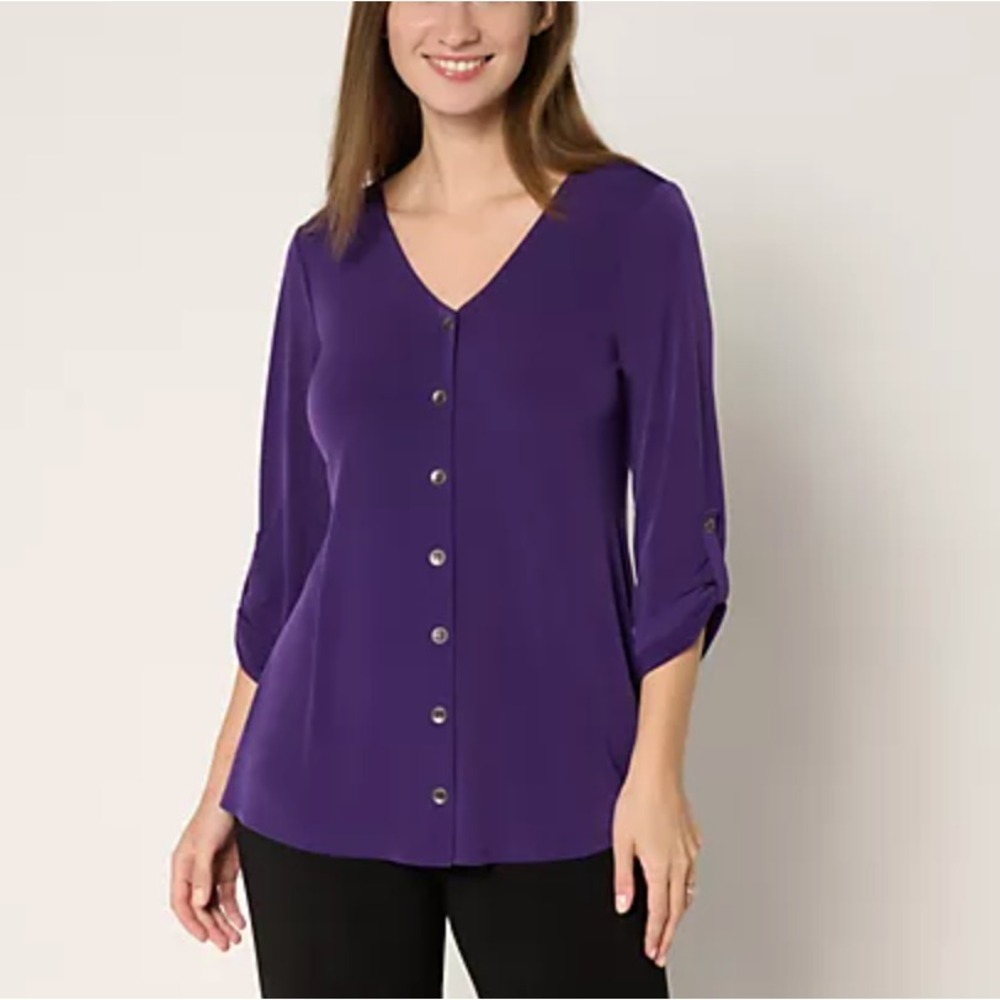 Susan Graver Liquid Knit V-Neck Button Trimmed Roll Tab Top Womens XL Purple
